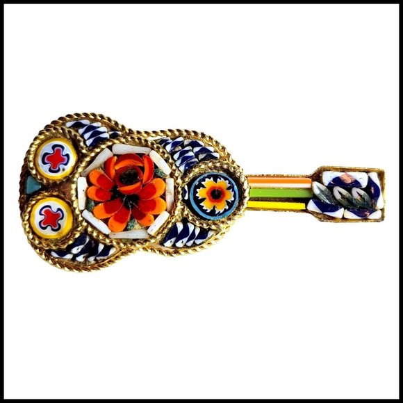 Vintage Italian Micro Mosaic Millefiori Glass Guitar Brooch Pin Flower - Picture 1 of 14